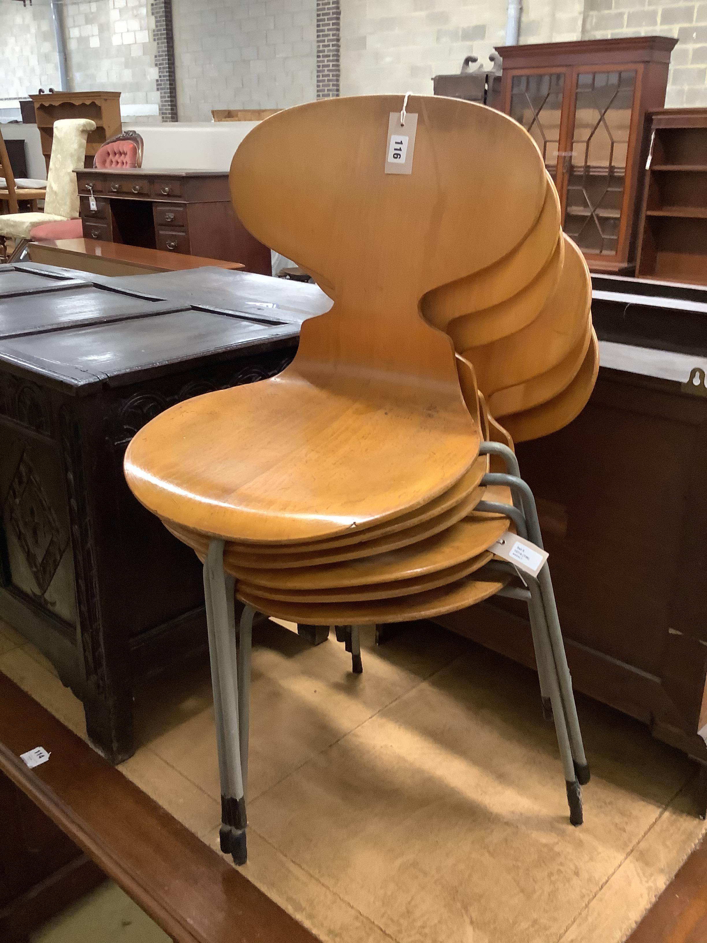 Arne Jacobsen for Fritz Hansen, Denmark, a set of six bent ply 'Ant' chairs, designed in 1952